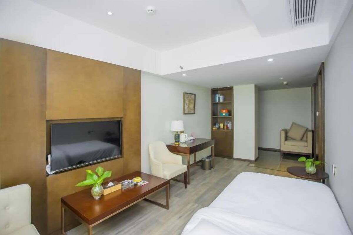 A hotel room with a bed, a TV, a desk, a chair, and a small table with a plant.