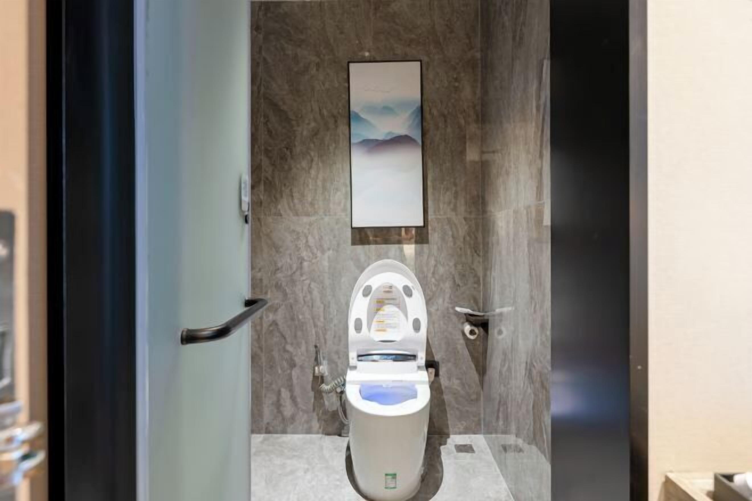 A modern bathroom with a toilet, a marble wall, and a framed artwork above the toilet.