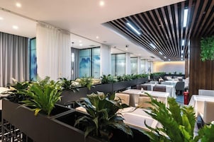 Un espace de restauration moderne, avec de longues tables, des plantes en pot et une vue sur le paysage urbain.
