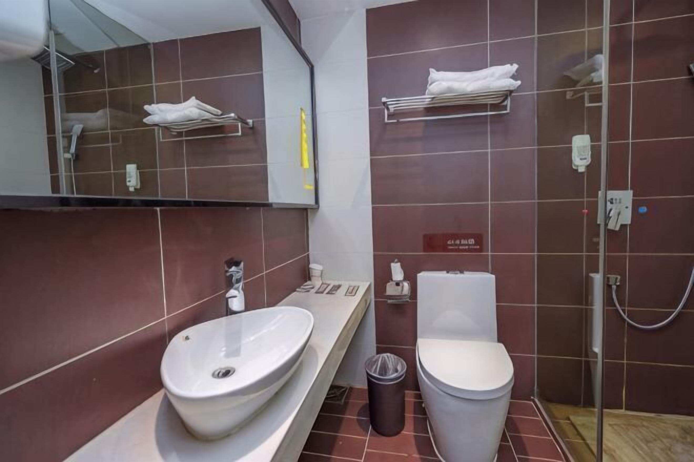 A bathroom with a sink, toilet, mirror, and shower.