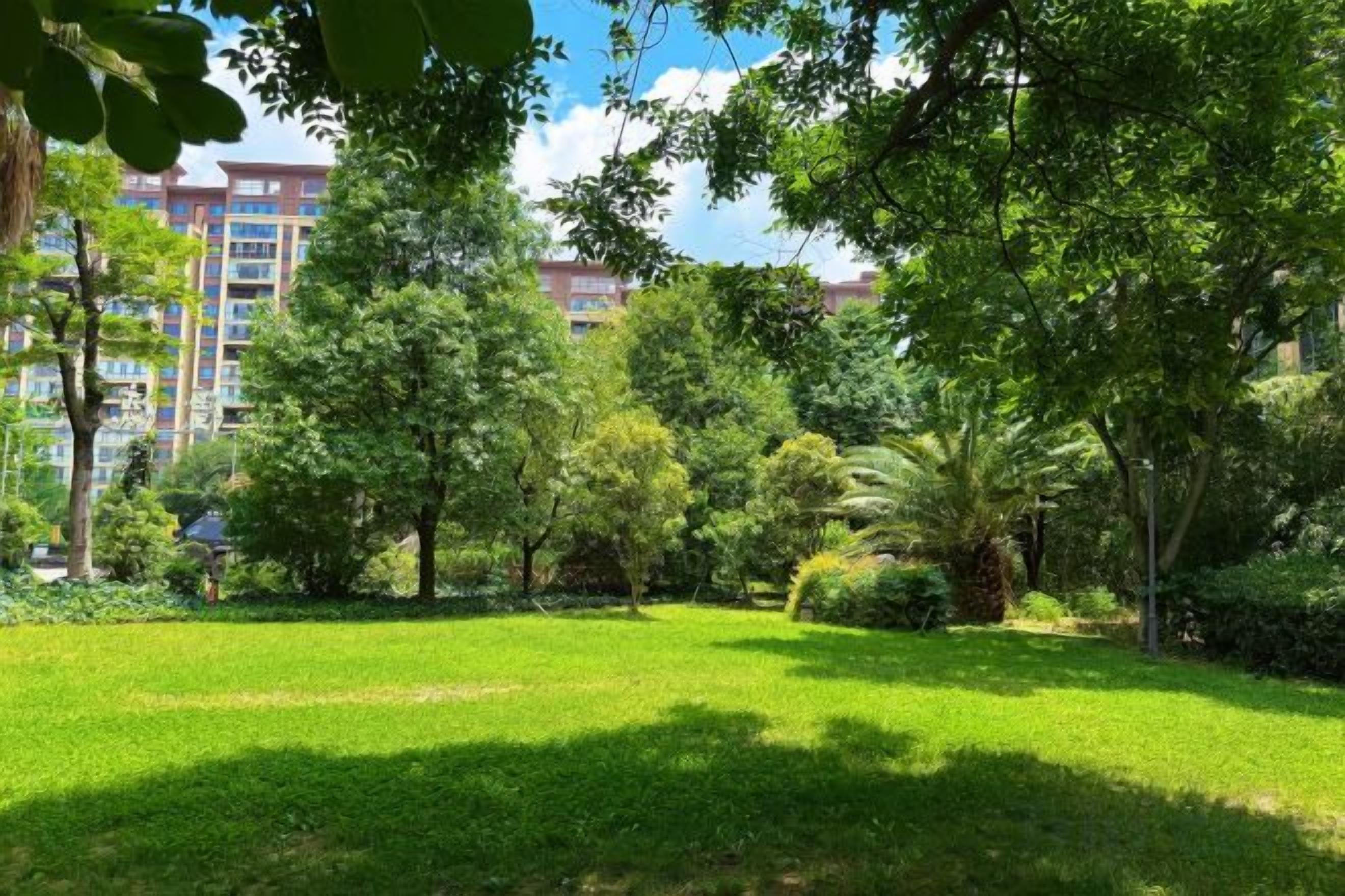 A lush green park with trees and grass, a building in the background, and a clear sky.