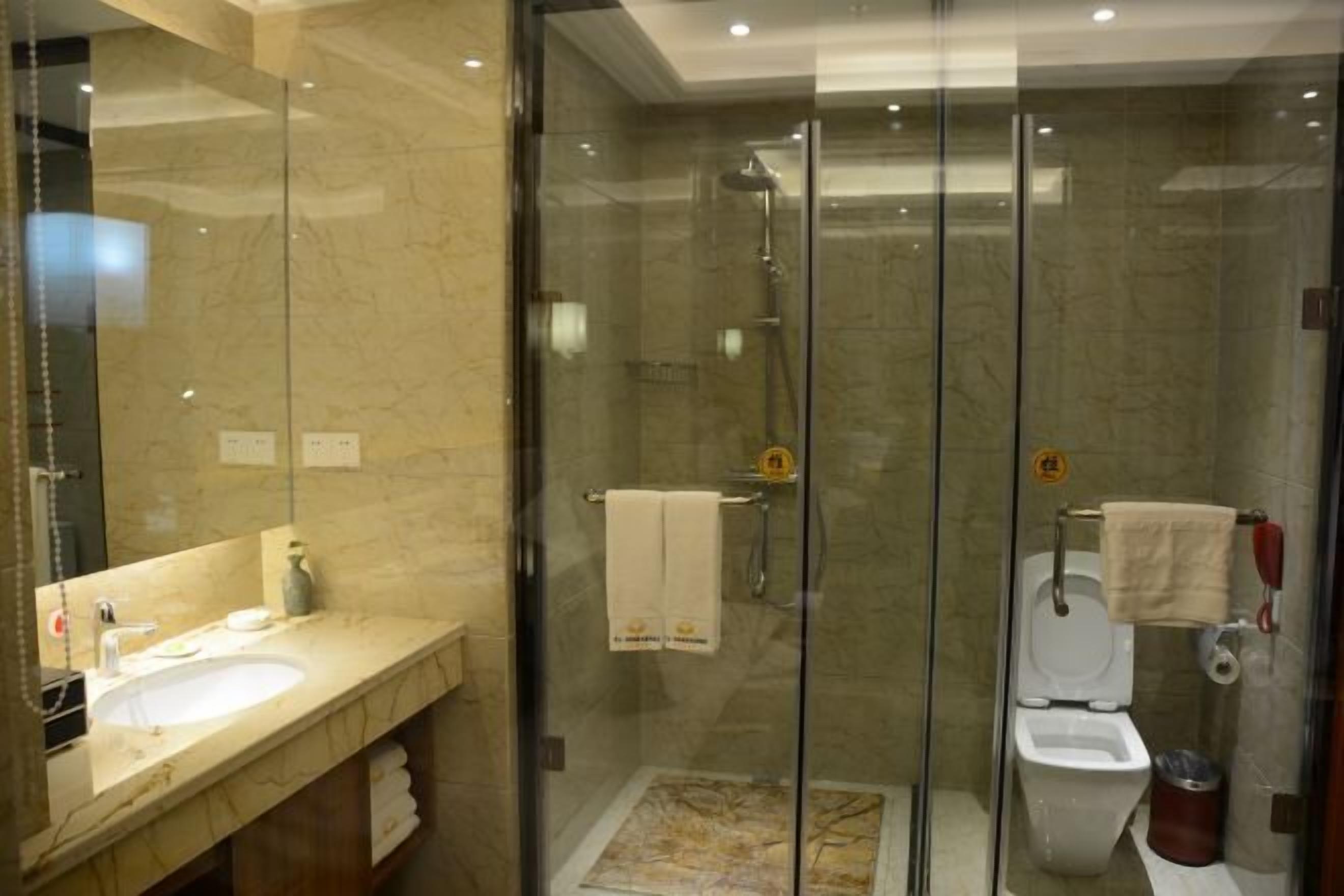 A modern bathroom with a glass-enclosed shower, a toilet, and a sink with a mirror.