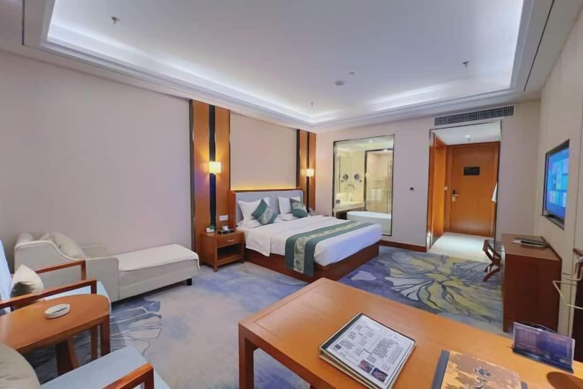 A hotel room with a bed, a desk, a chair, a sofa, a TV, and a bathroom with a glass door.
