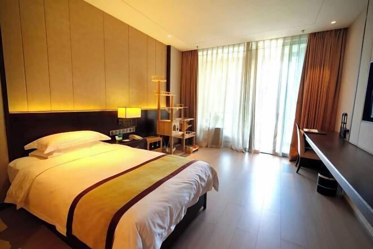 Ein Hotelzimmer mit einem großen Bett, einem Schreibtisch, einem Stuhl, einem Fernseher und einem Fenster mit Vorhängen.