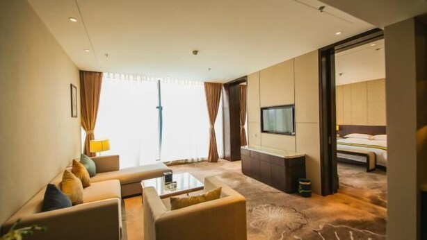 Une chambre d’hôtel moderne équipée d’un canapé, d’un téléviseur à écran plat, d’un lit et d’une grande fenêtre avec des rideaux.