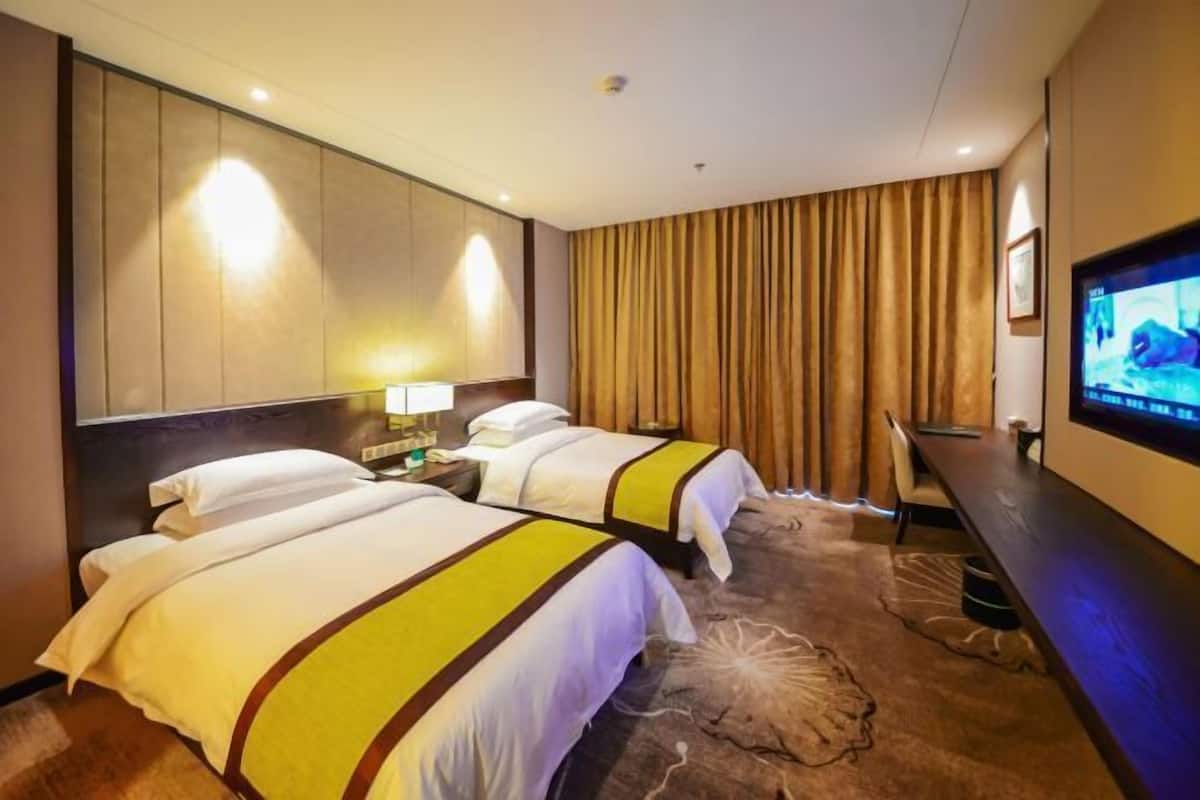 Ein Hotelzimmer mit zwei Betten, einem großen Spiegel, einem Fernseher und einem Fellteppich auf dem Boden.