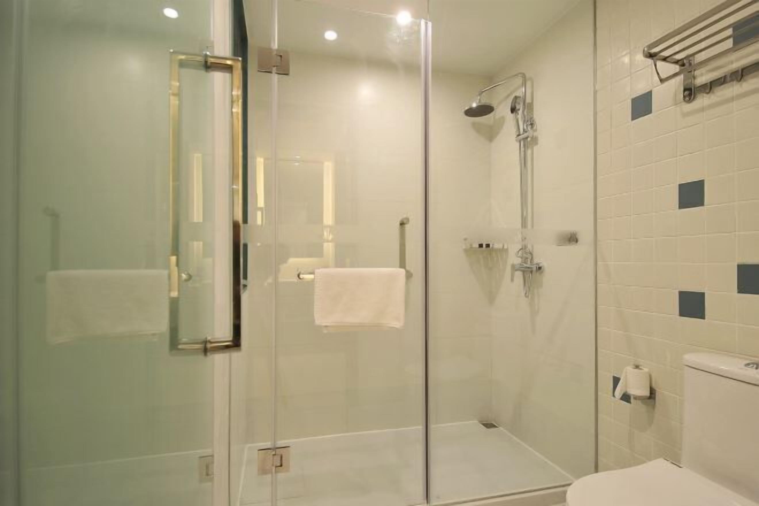 Un baño moderno con ducha de vidrio, inodoro blanco y barra para toallas.