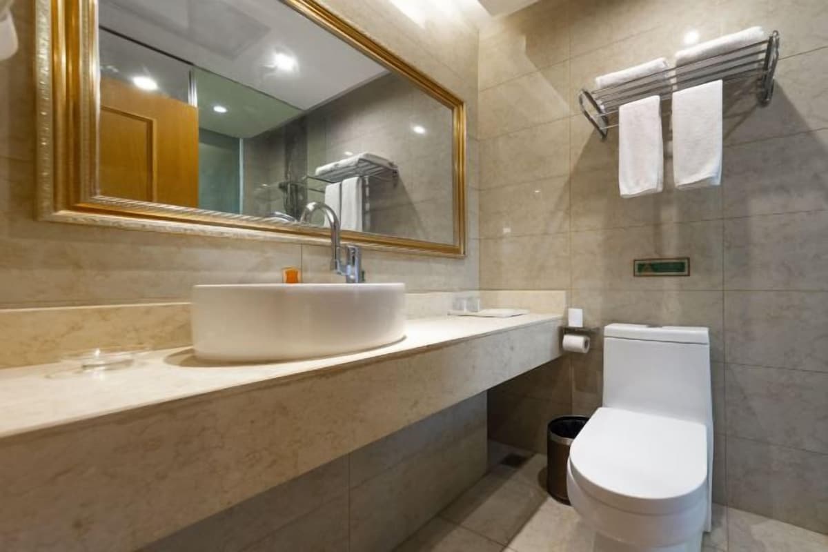 Un baño con un espejo grande, un lavabo, un inodoro y un perchero para toallas.