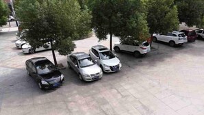 Un estacionamiento con varios coches y árboles.