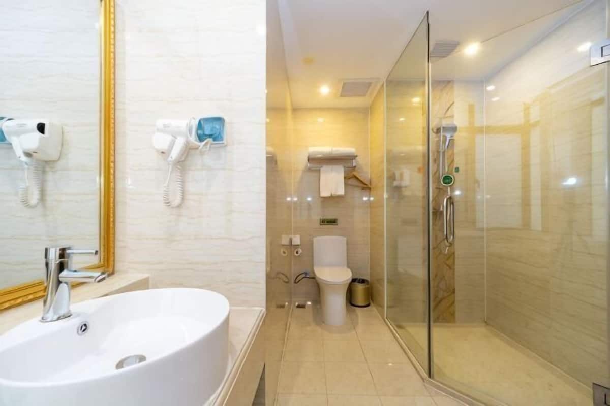 A bathroom with a large sink, a glass shower enclosure, a toilet, and a mirror with a gold frame.