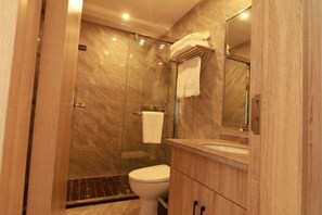 A modern bathroom with a glass-enclosed shower, a toilet, and a vanity with a mirror.