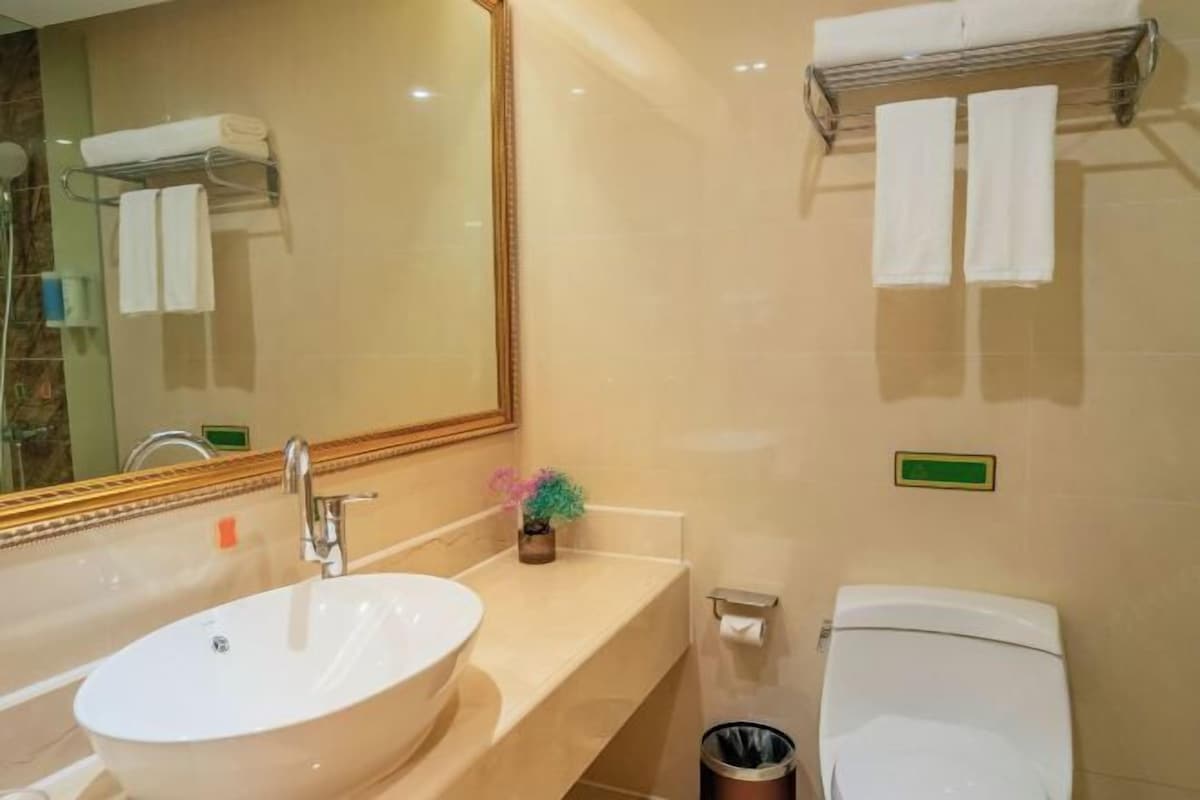 A bathroom with a large mirror, a sink, a toilet, and a towel rack.