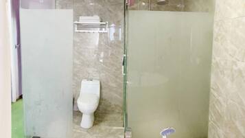 A bathroom with a glass-enclosed shower, a toilet, and a sink with a faucet.