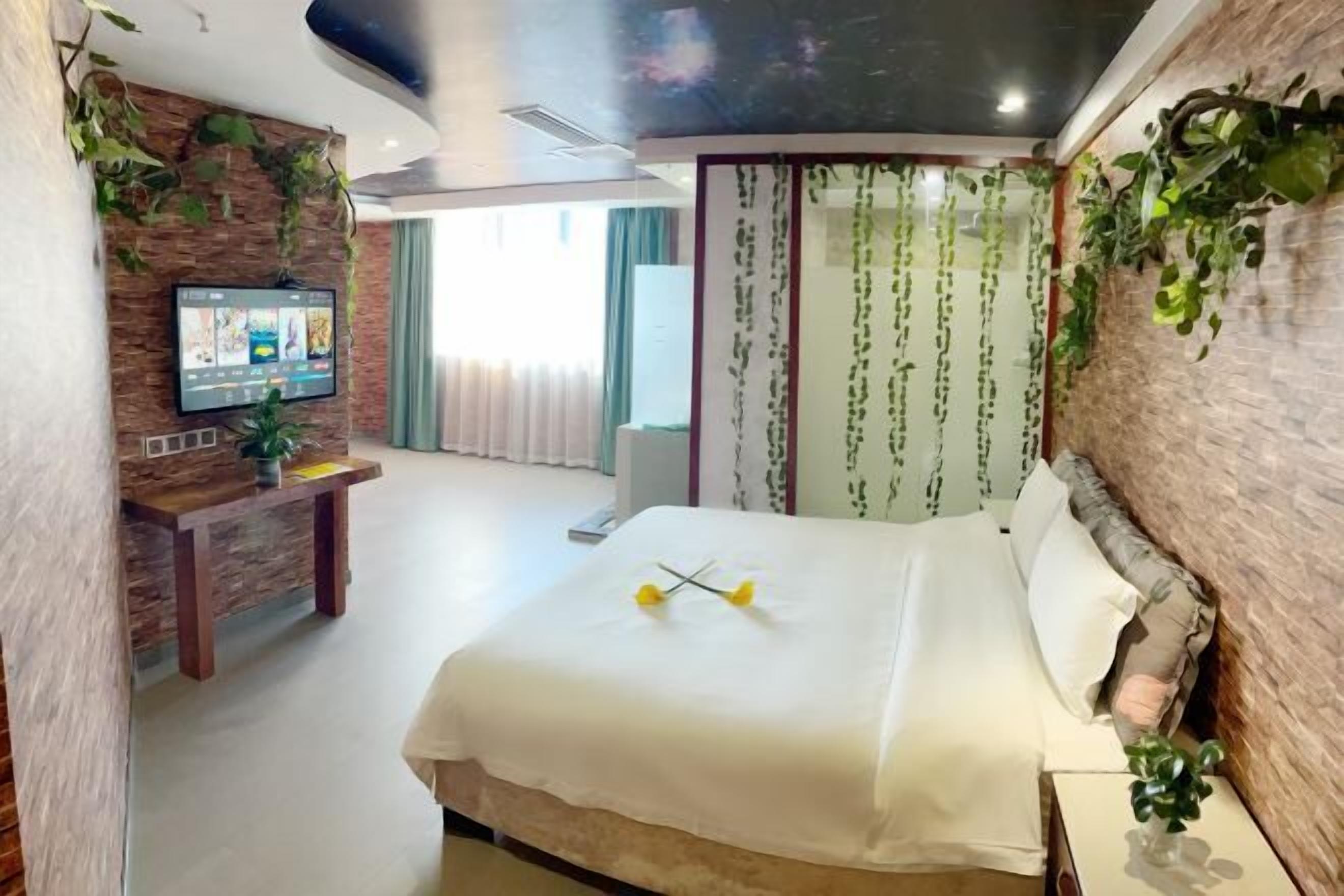 Una camera d'albergo con un letto, una scrivania con televisore e piante decorative.