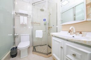A bathroom with a glass-enclosed shower, a toilet, and a vanity with a mirror and sink.