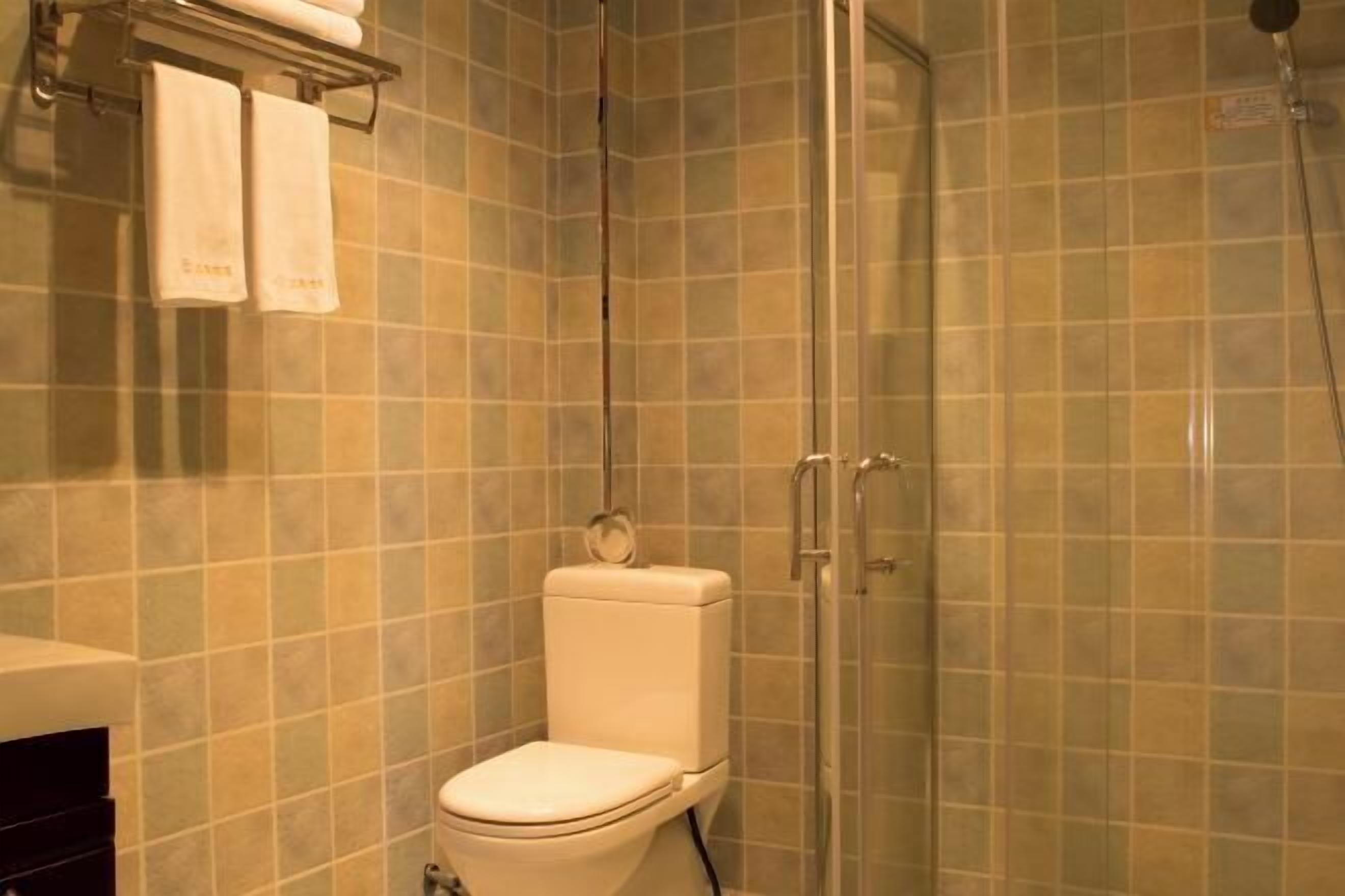 A bathroom with a toilet, a shower, and a tiled wall.