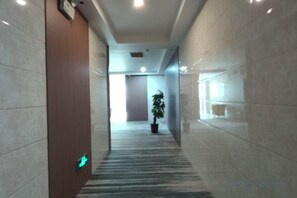Un pasillo con piso alfombrado, una planta en maceta y un aplique de pared.