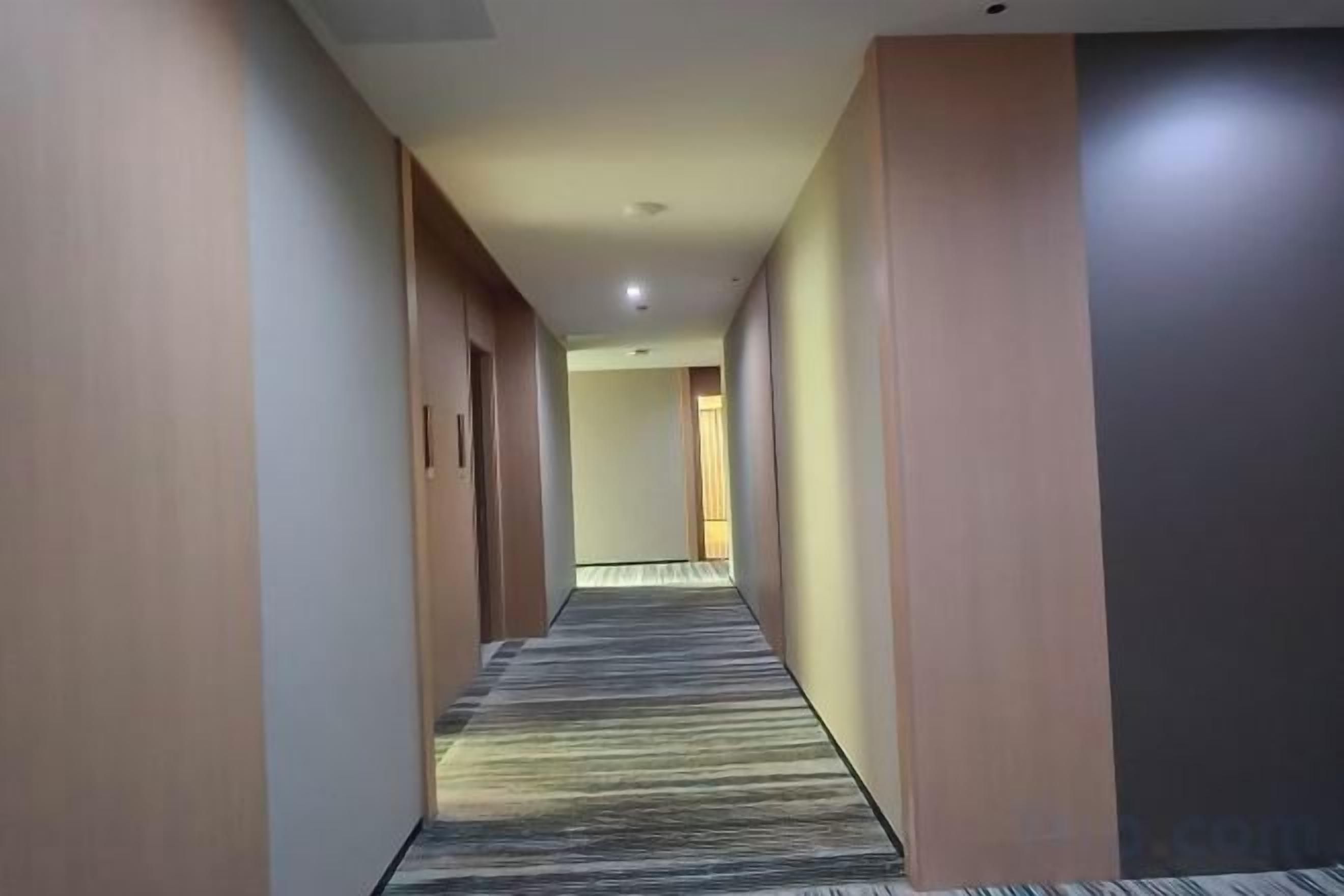 A hotel corridor with a carpeted floor, wooden walls, and a door at the end.