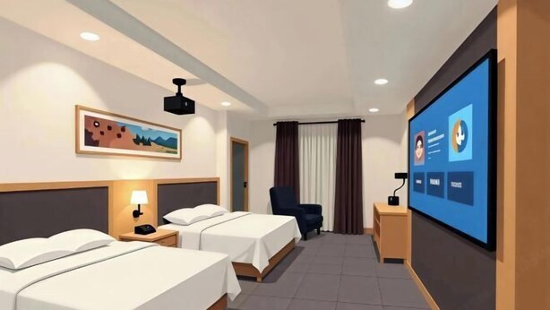 A hotel room with two beds, a desk with a computer, a TV, and a painting on the wall.