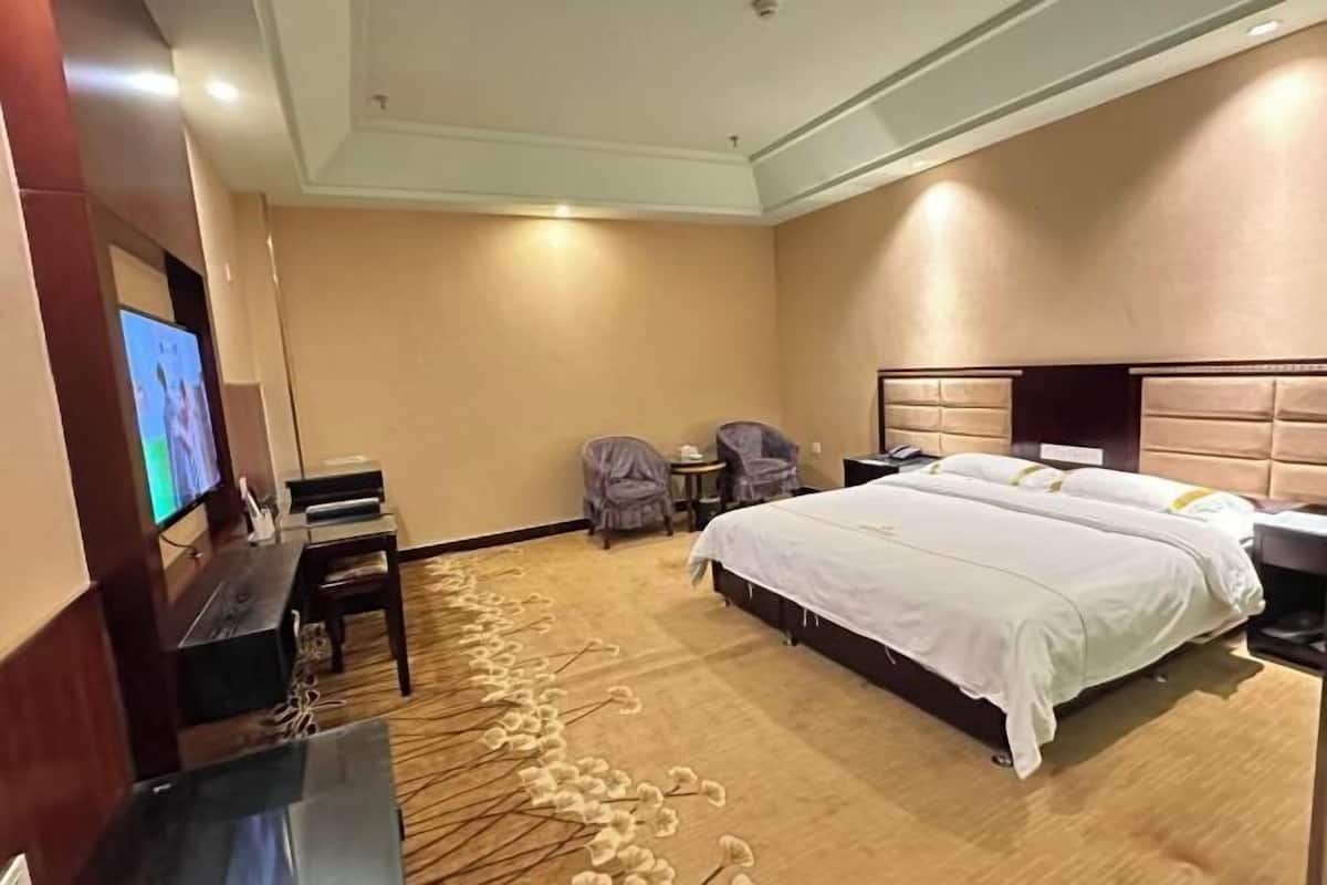 A hotel room with a large bed, a TV, a desk, and a chair.