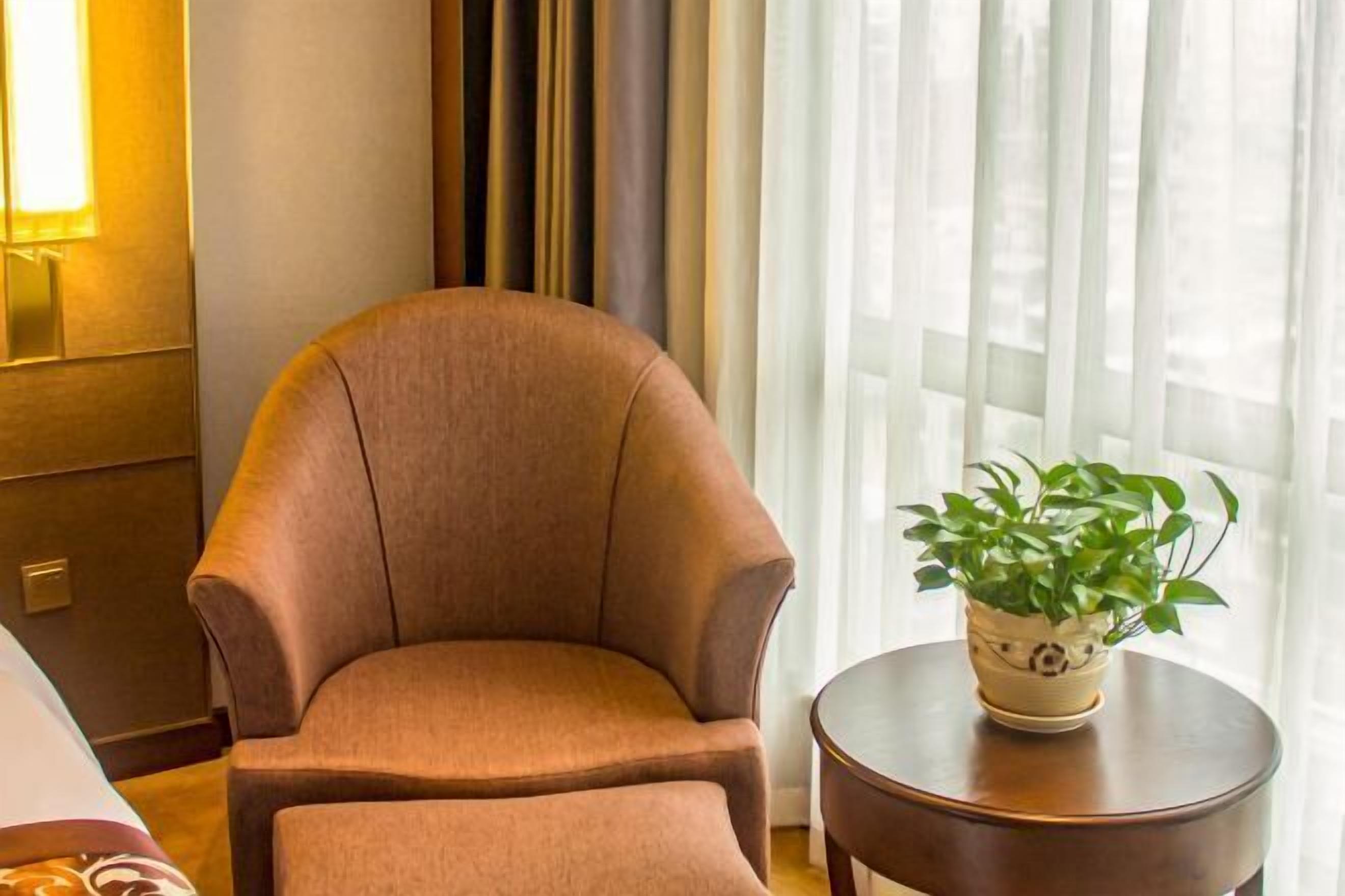 A brown armchair and ottoman in a hotel room with a potted plant on a small table.