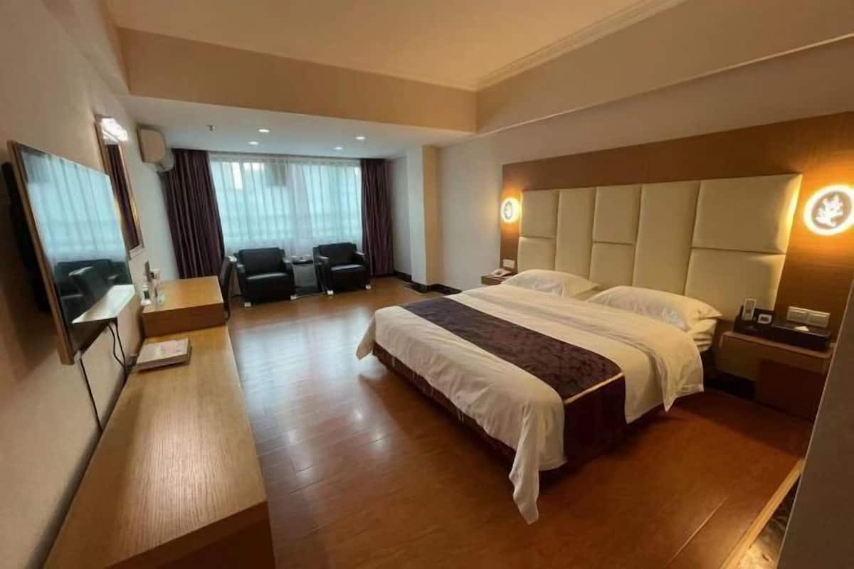 A hotel room with a large bed, a desk, a chair, and a TV.