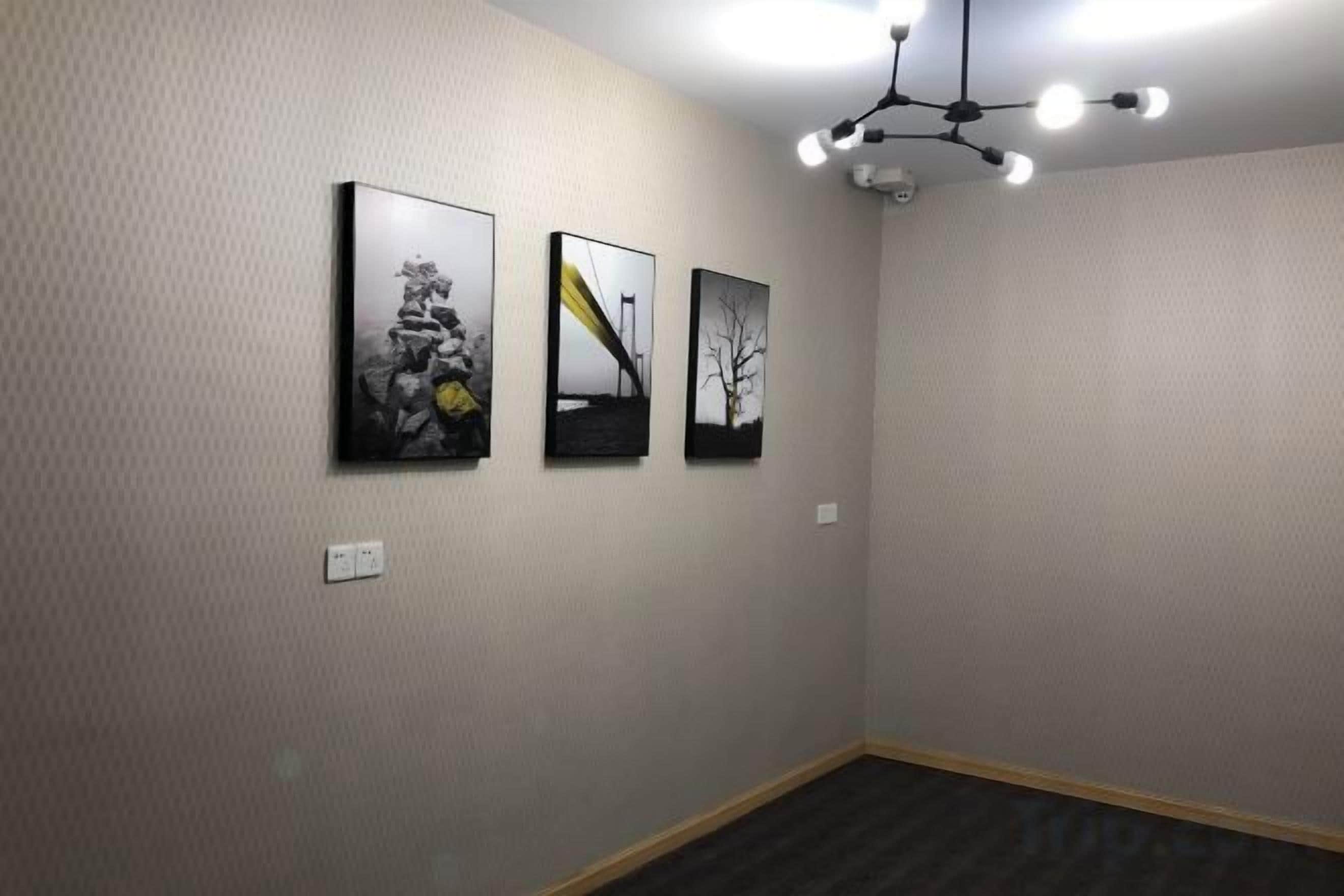 A hallway with three framed artworks on the wall, a ceiling light fixture, and a power outlet.