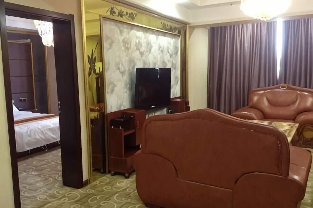 A hotel room with a bed, a brown sofa, a television, and a curtain.