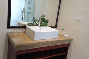 A bathroom with a white rectangular sink, a mirror, and a plant on the countertop. - Chongqing Ronghua Hotel (Jiangjin Passenger Transport Center Branch) (Chongqing)