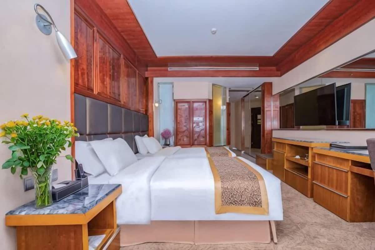 Une chambre à coucher comprenant un lit, une table de chevet, un téléviseur, des meubles en bois et un miroir.