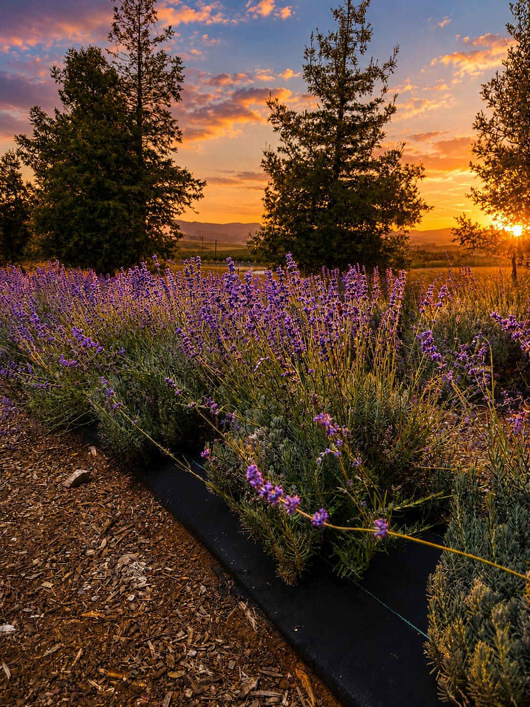 Un jardín con plantas de lavanda y árboles al atardecer.