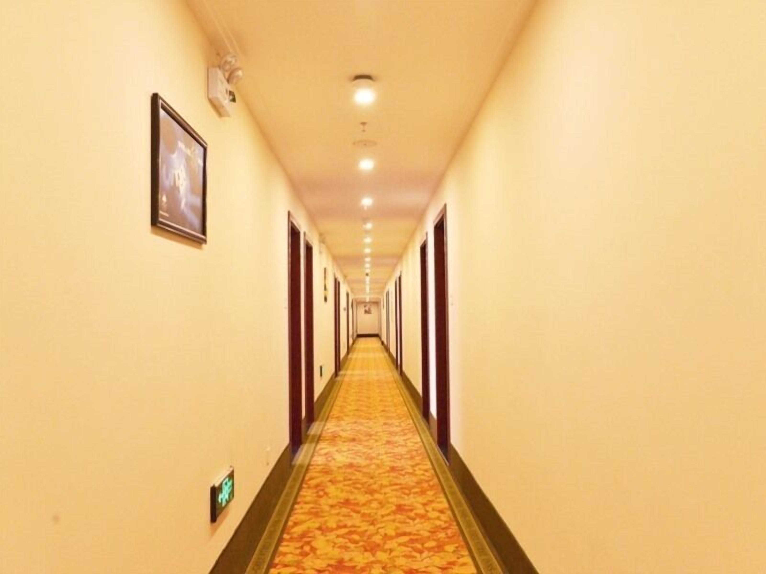 A hotel hallway with carpeted floors, doors on both sides, and a light fixture on the ceiling.