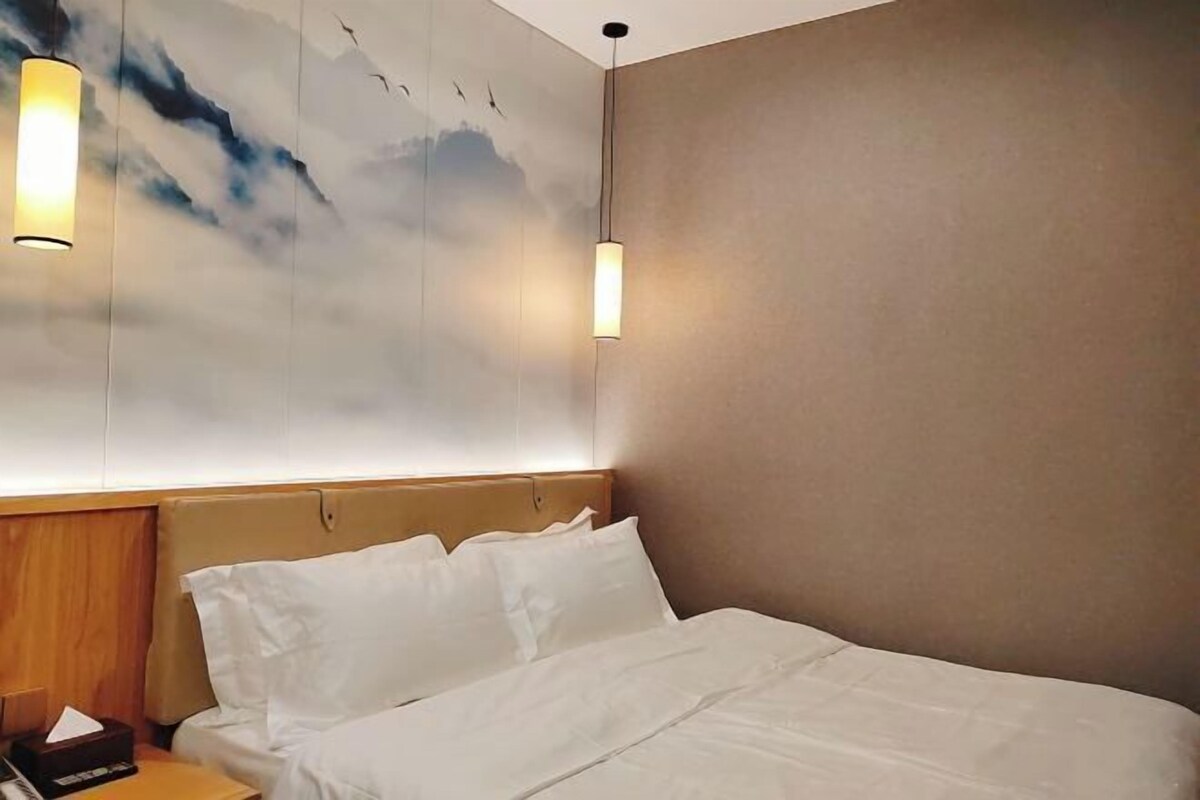 A hotel room with a bed, two bedside lamps, a wooden headboard, and a wall mural of birds in the sky.