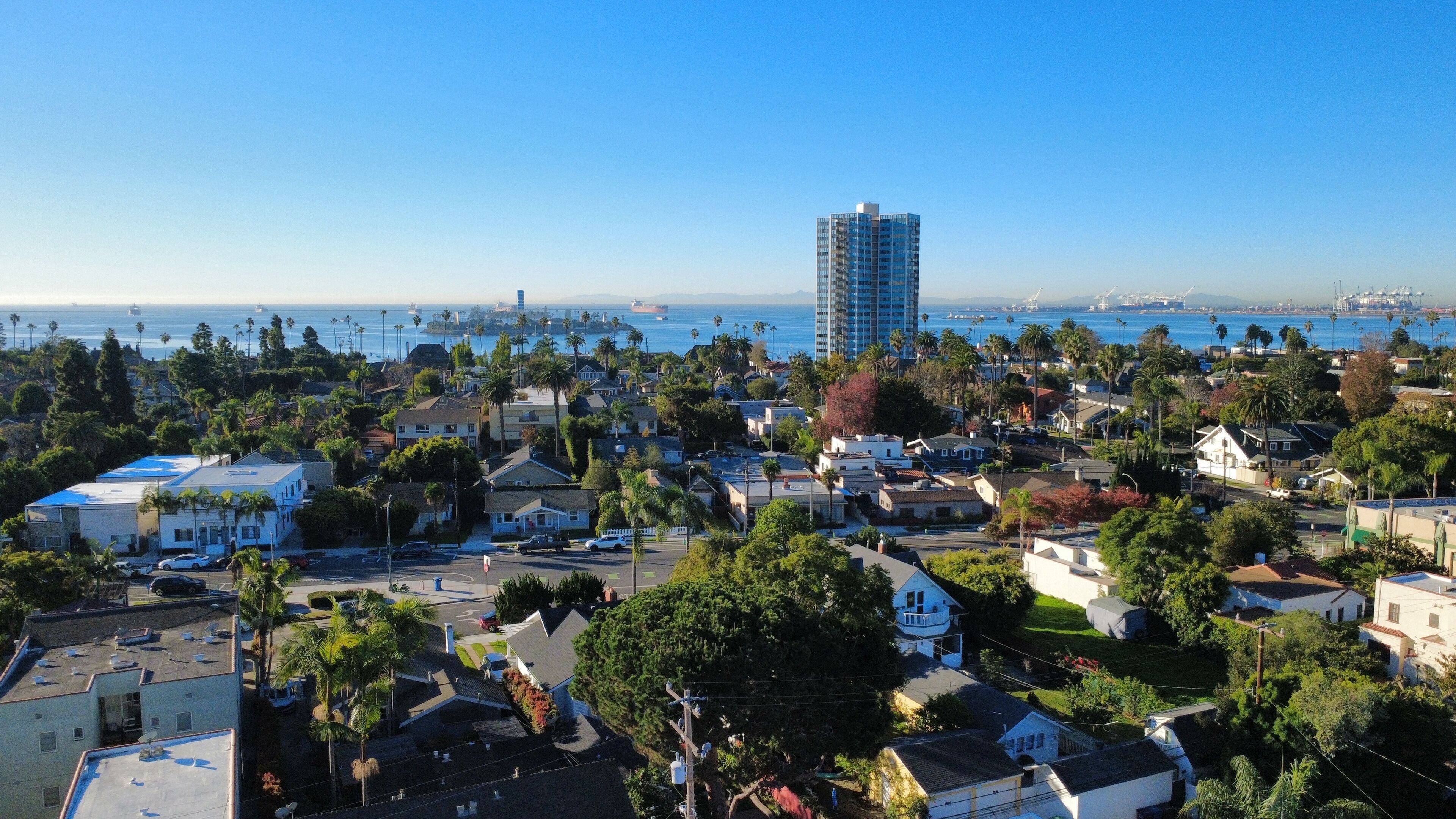 A coastal residential area with a mix of single-family homes and a tall modern building.