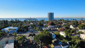 A coastal residential area with a mix of single-family homes and a tall modern building.