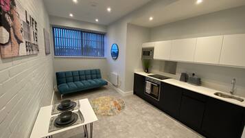 Deluxe-lejlighed - handicapvenligt - privat badeværelse (Manhattan style apartment) | Lounge