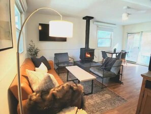 TV, caminetto, libri, monitor per computer