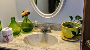 Um banheiro com uma pia de mármore, um espelho e uma planta amarela em um vaso.