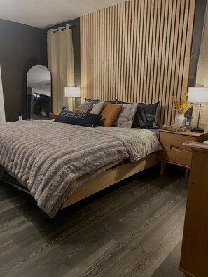 4 bedrooms, memory foam beds, iron/ironing board, travel crib