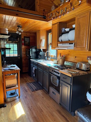 Coffee/tea maker, fridge, microwave, oven