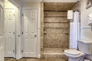 Shower, jetted tub, hair dryer, towels