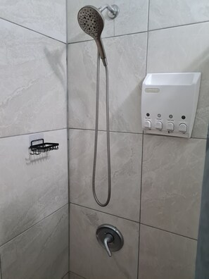 Regadera, secadora de cabello, toallas, jabón 