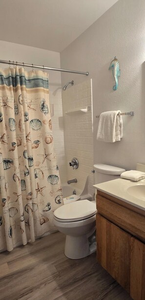 Combined shower/tub, hair dryer, towels, soap