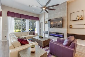 TV, fireplace, video games, DVD player