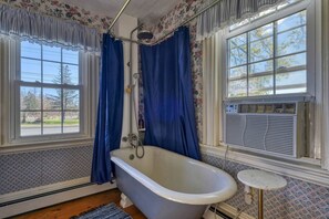 Un baño con bañera tipo pata de león, una ventana con vistas al exterior y un radiador.