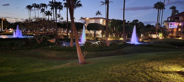 Um jardim com paisagismo, com várias fontes e palmeiras, rodeado por edifícios com varandas iluminadas.