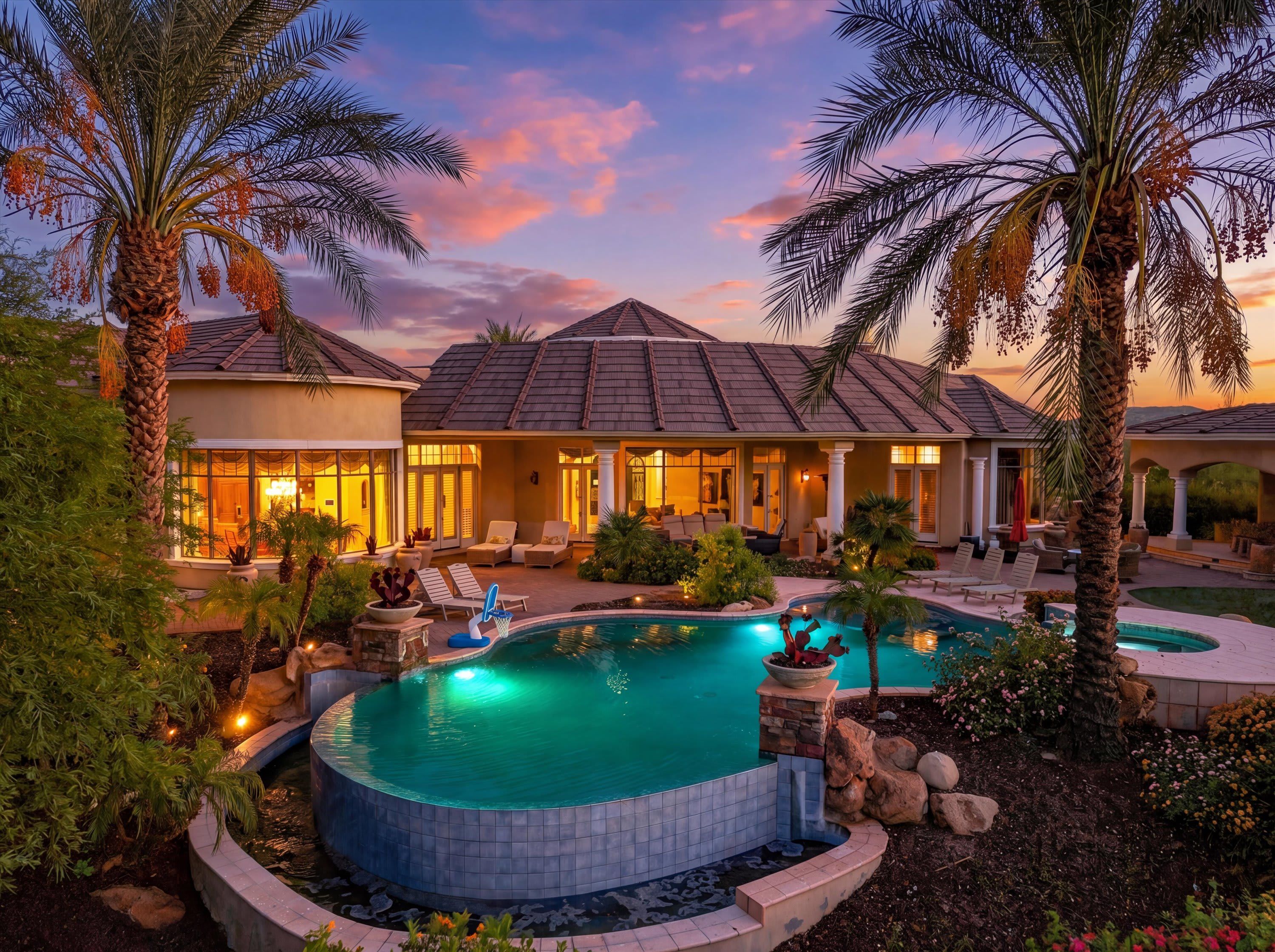 A residential property with a swimming pool, outdoor seating, and a covered patio area.