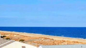 A coastal view with a beach and ocean.