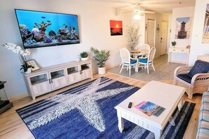 Smart TV, fireplace, ping pong