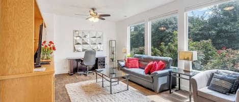 Téléviseur connecté, livres, bureau